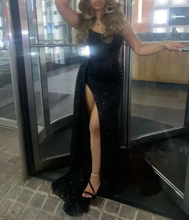 Glitter Mermaid Strapless Black Sequin Beaded Slit Long Prom Dress,Evening Dress GG1125