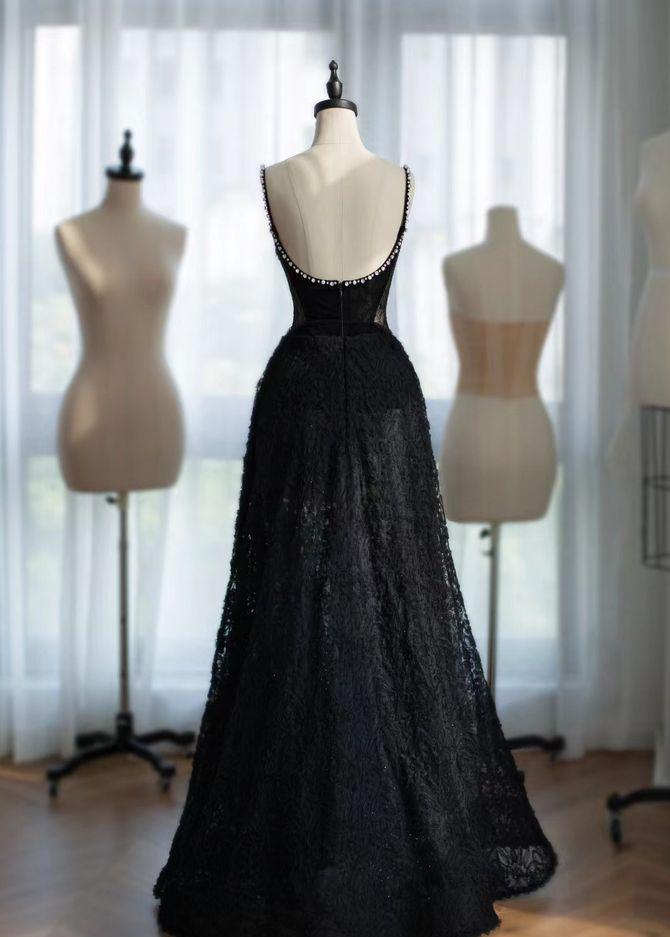 Delicate A Line Beading Spaghetti Straps Black Velvet Lace Applique Long Prom Dress,Evening Dress GG1152