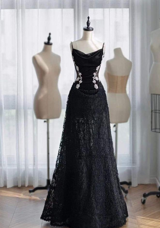 Delicate A Line Beading Spaghetti Straps Black Velvet Lace Applique Long Prom Dress,Evening Dress GG1152