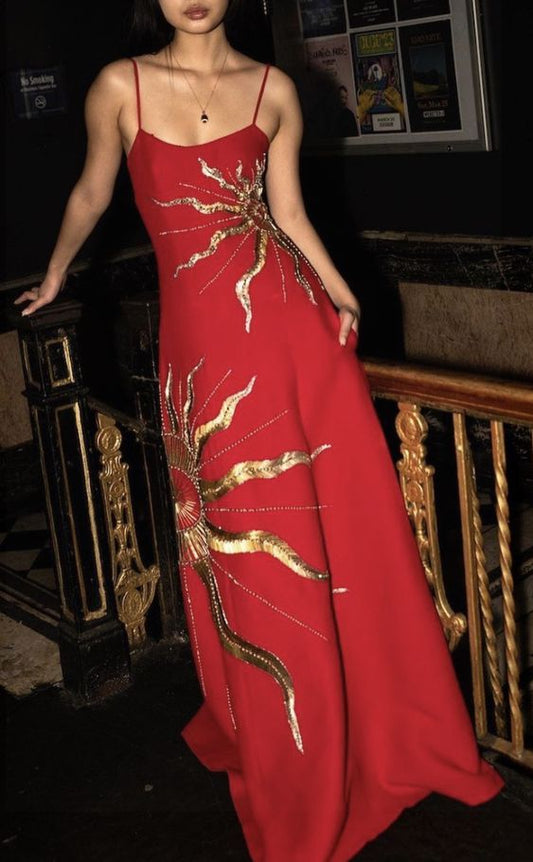 Chic A Line Spaghetti Straps Red Satin With Gold Embroidery Long Prom Dress,Evening Dress GG1154