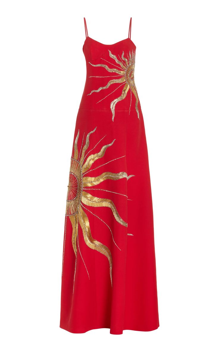 Chic A Line Spaghetti Straps Red Satin With Gold Embroidery Long Prom Dress,Evening Dress GG1154