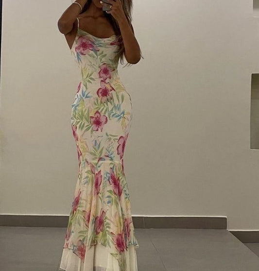 Charming Mermaid Spaghetti Straps Printing Flower Chiffon Long Prom Dress,Evening Dress GG1159