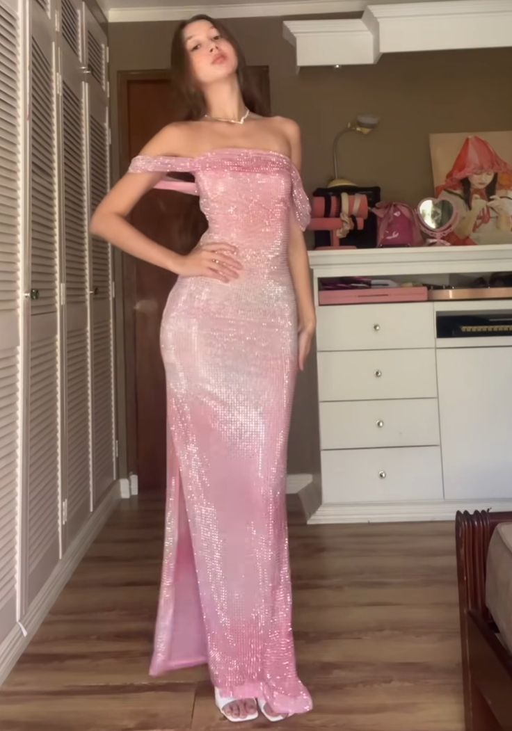 Glitter Mermaid Off The Shoulder Pink Sequin Slit Long Prom Dress,Evening Dress GG1168