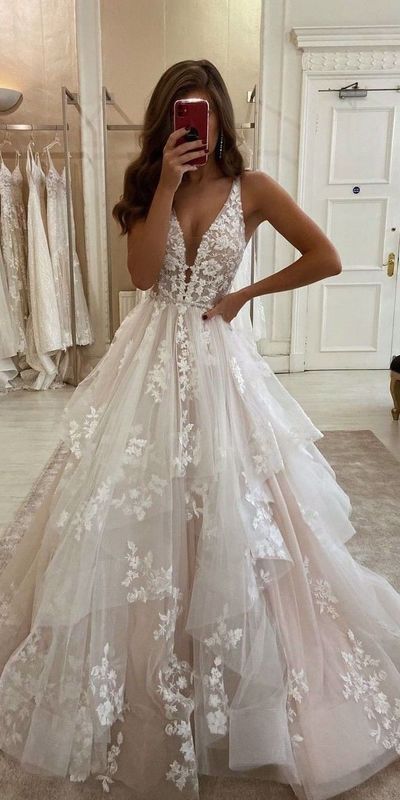 Elegant A Line V Neck White Tulle Applique Long Prom Dress,Wedding Dress,Evening Dress GG1178