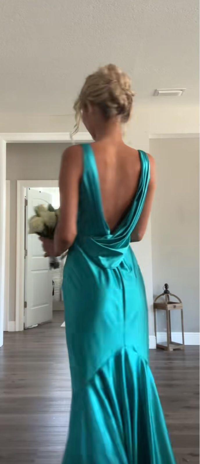 Sexy Mermaid V Neck Turquoise Satin Long Prom Dress, Evening Dress GG1180