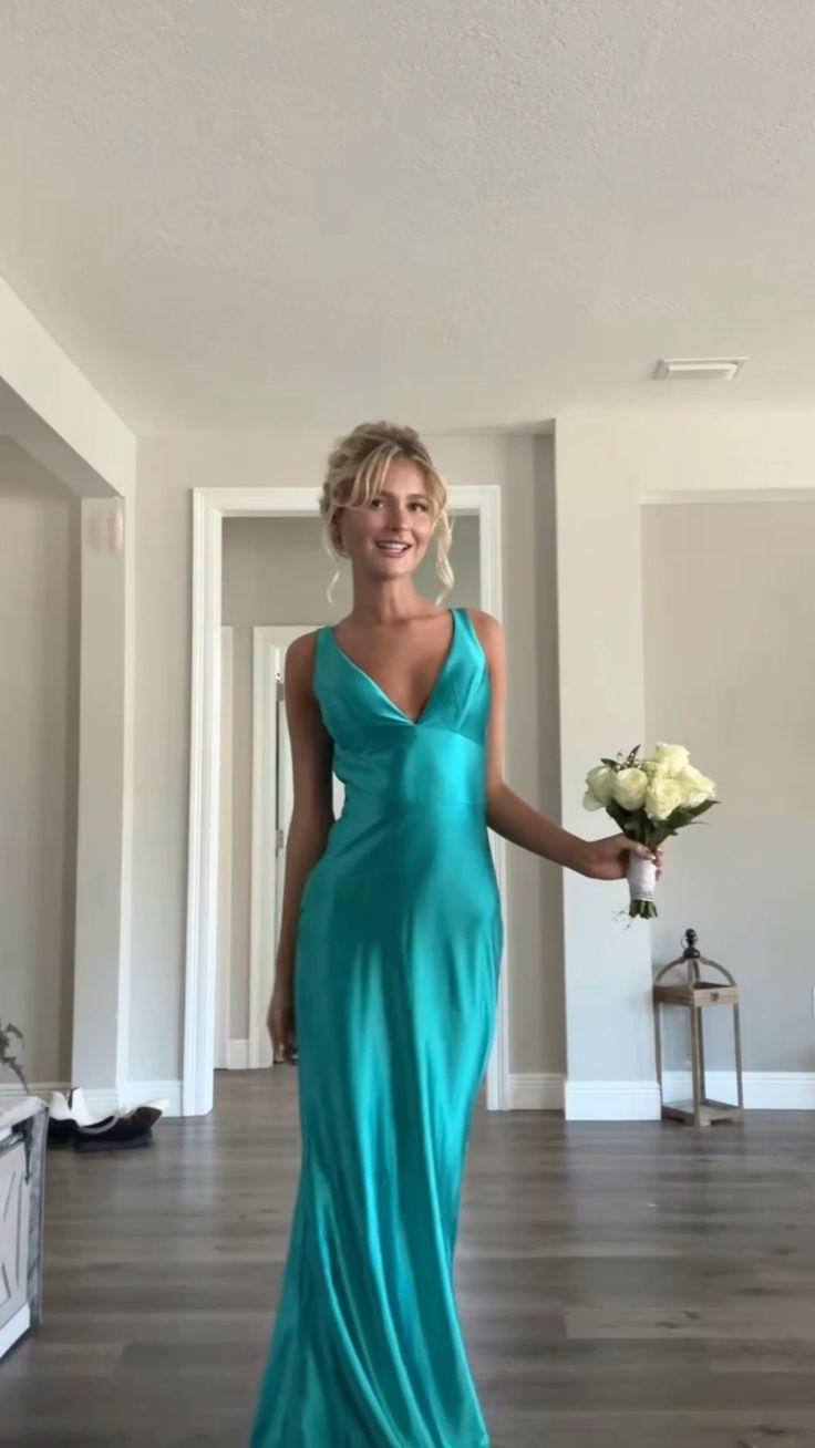 Sexy Mermaid V Neck Turquoise Satin Long Prom Dress, Evening Dress GG1180