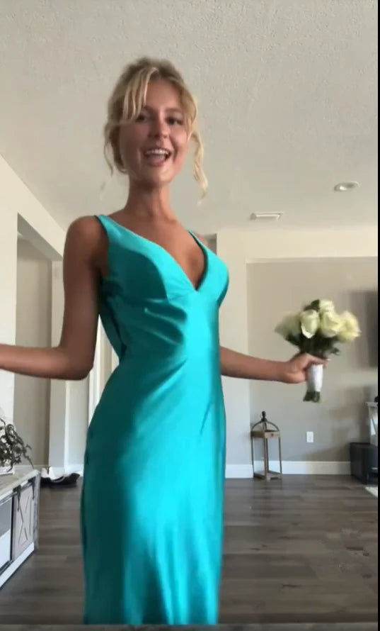 Sexy Mermaid V Neck Turquoise Satin Long Prom Dress, Evening Dress GG1180