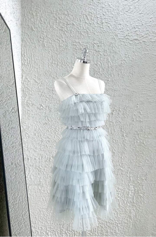 Cute A Line Spaghetti Straps Tulle Tiered With Belt Short Prom Dress,Homecoming Dress,Evening Dress GG1186