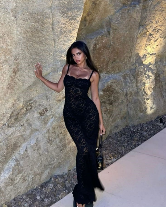 Charming Mermaid Spaghetti Straps Black Lace Long Prom Dress,Evening Dress GG1196