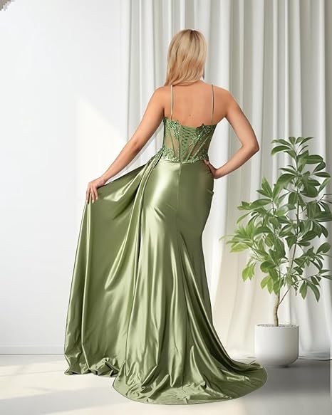 Sexy Mermaid Spaghetti Straps Corset Satin Applique Slit Long Prom Dress,Evening Dress GG1205