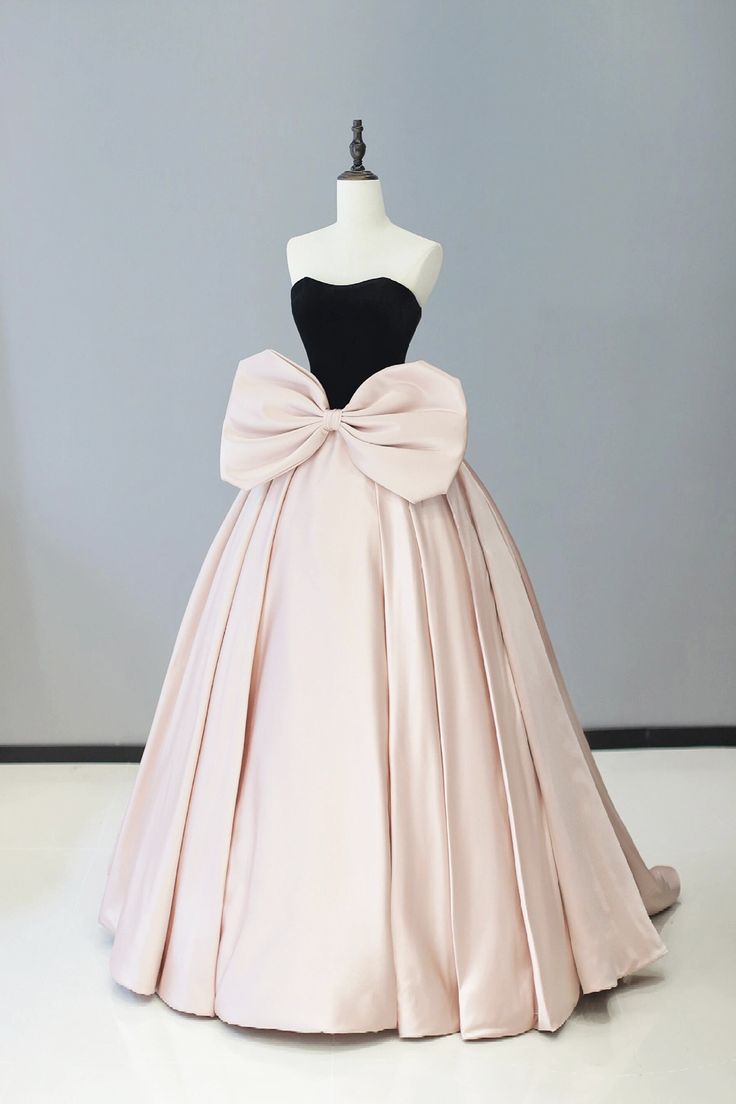 Sweet Ball Gown Strapless Black Velvet And Pink Satin Bow Long Prom Dress,Evening Dress GG1221