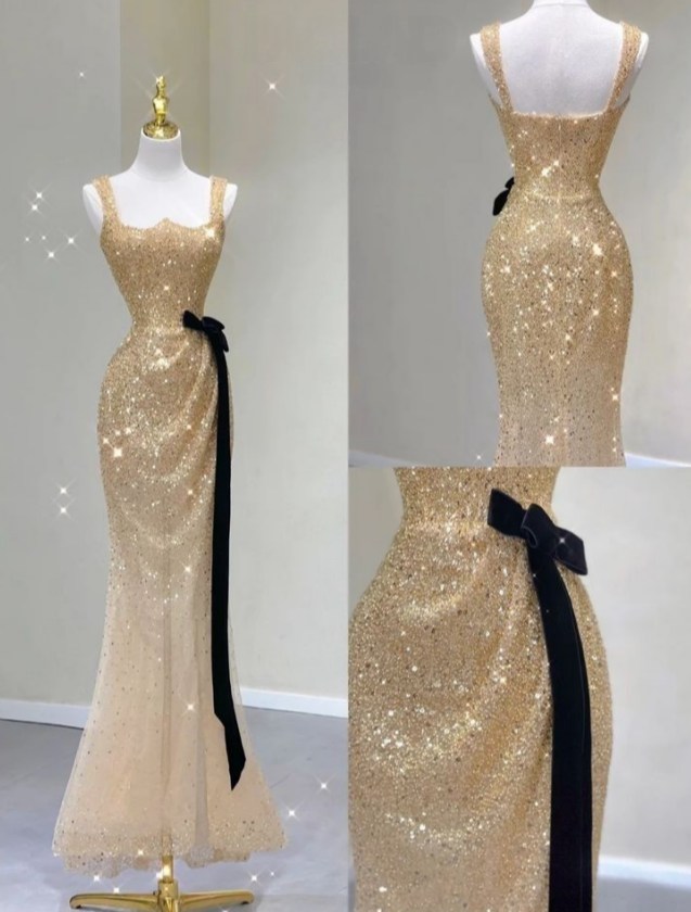 Sparkly Mermaid Gold Sequin With Bow Long Belt Long Prom Dress,Evening Dress GG1222