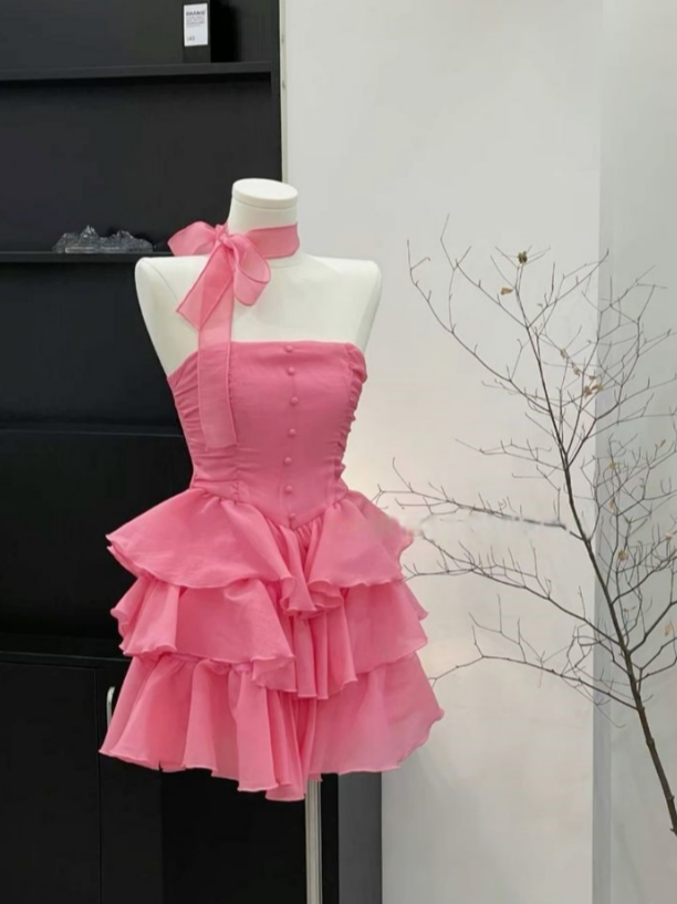 Charming A Line Strapless Tiered Hot Pink Chiffon Short Prom Dress,Homecoming Dress,Evening Dress GG1225