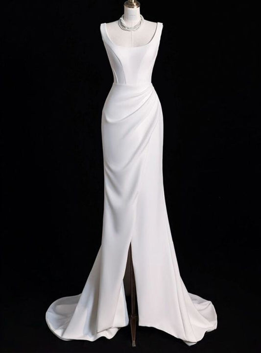 Elegant White Mermaid Satin Pleats Split  Long Prom Dress,Wedding Dresses,Evening Dress GG123