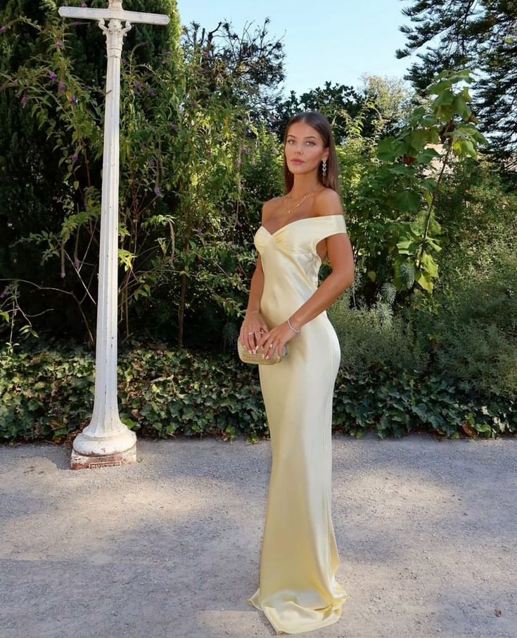 Simple Mermaid Off The Shoulder Pastel Yellow Satin Long Prom Dress,Evening Dress GG1231