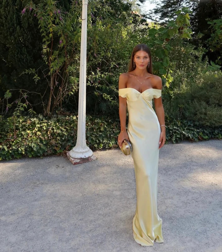 Simple Mermaid Off The Shoulder Pastel Yellow Satin Long Prom Dress,Evening Dress GG1231