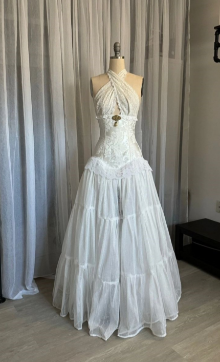 Beautiful A Line Halter White Lace With Satin Waist Long Prom Dress,Evening Dress GG1250