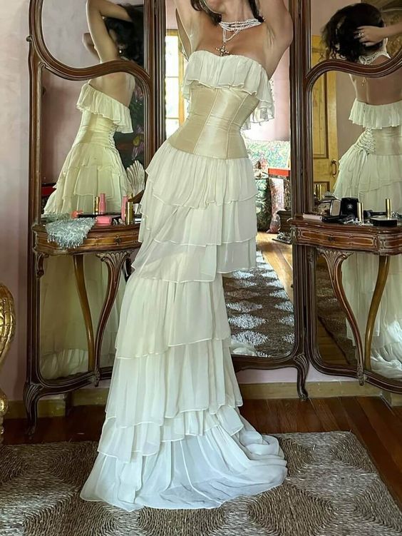 Beautiful A Line Strapless Light Ivory Corset Chiffon Tiered Long Prom Dress,Evening Dress GG1254