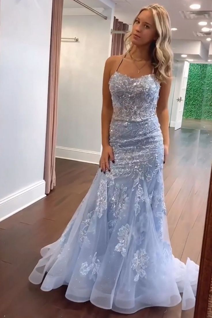 Glamorous Mermaid Halter Straps Pale Blue Tulle Applique Sequin Long Prom Dress,Evening Dress GG1332