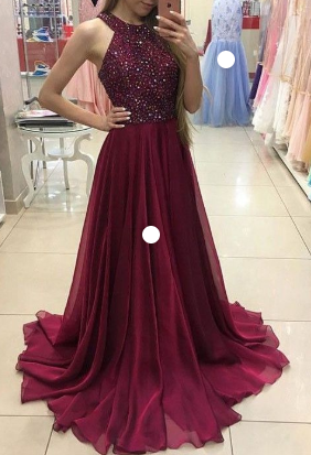 Chic A Line Halter Burgundy Chiffon Beaded Long Prom Dress,Evening Dress GG1333