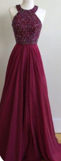 Chic A Line Halter Burgundy Chiffon Beaded Long Prom Dress,Evening Dress GG1333