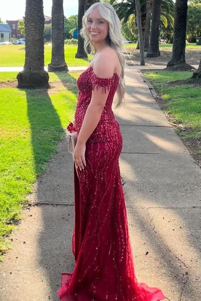 Glitter Mermaid Off The Shoulder Burgundy Satin Tulle Slit Sequin Beaded Long Prom Dress,Evening Dress GG1335