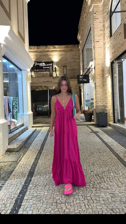 Chic A Line Spaghetti Straps V Neck Hot Pink Chiffon Long Prom Dress,Evening Dress GG1343