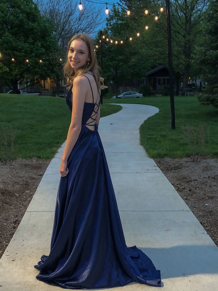 Backless A Line Spaghetti Straps Navy Blue Satin Long Prom Dress,Evening Dress GG1344