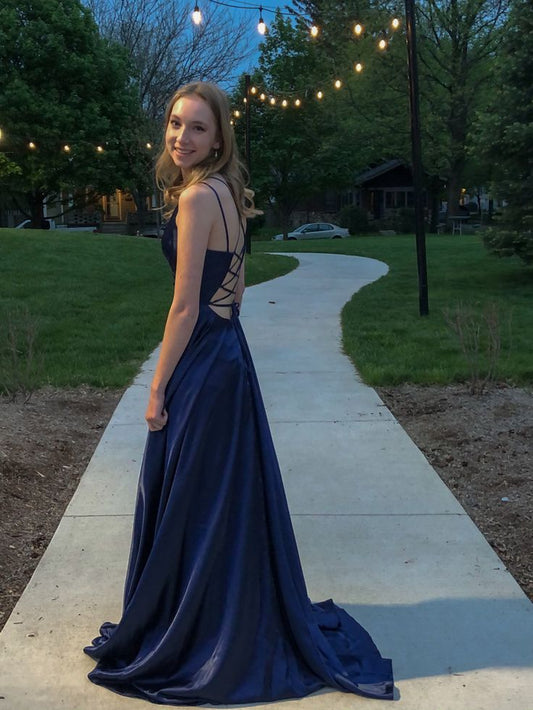 Backless A Line Spaghetti Straps Navy Blue Satin Long Prom Dress,Evening Dress GG1344