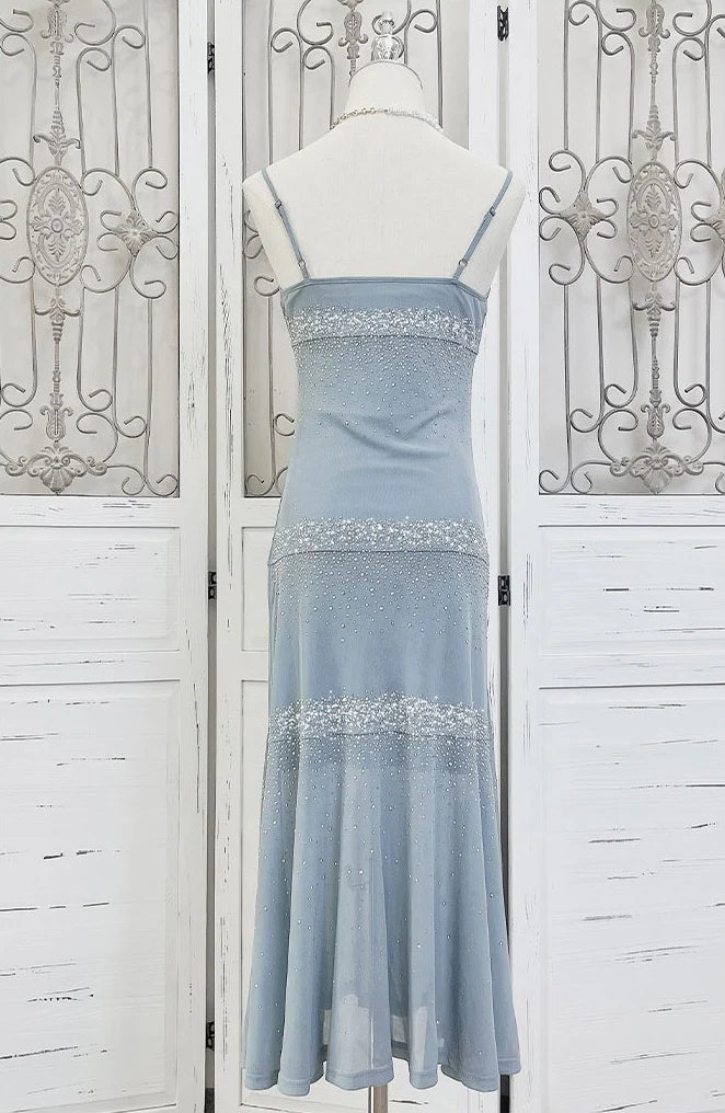 Starry Mermaid Spaghetti Straps Pale Blue Chiffon Beaded Tea Length Prom Dress,Evening Dress GG1372