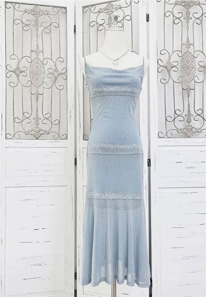 Starry Mermaid Spaghetti Straps Pale Blue Chiffon Beaded Tea Length Prom Dress,Evening Dress GG1372