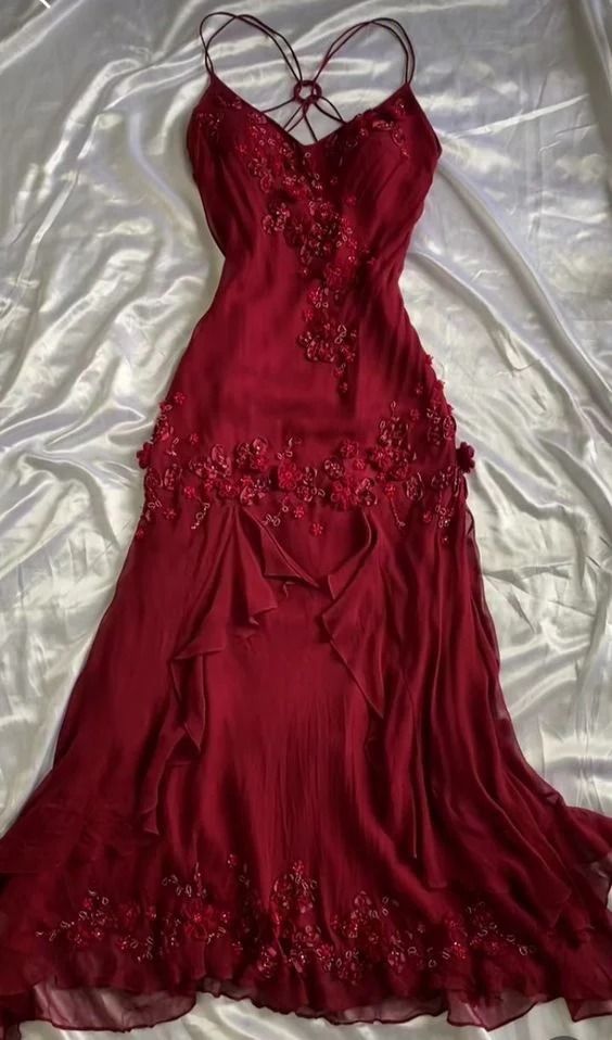 Vintage Mermaid Spaghetti Straps Burgundy Chiffon Sequin Long Prom Dress,Evening Dress GG1373