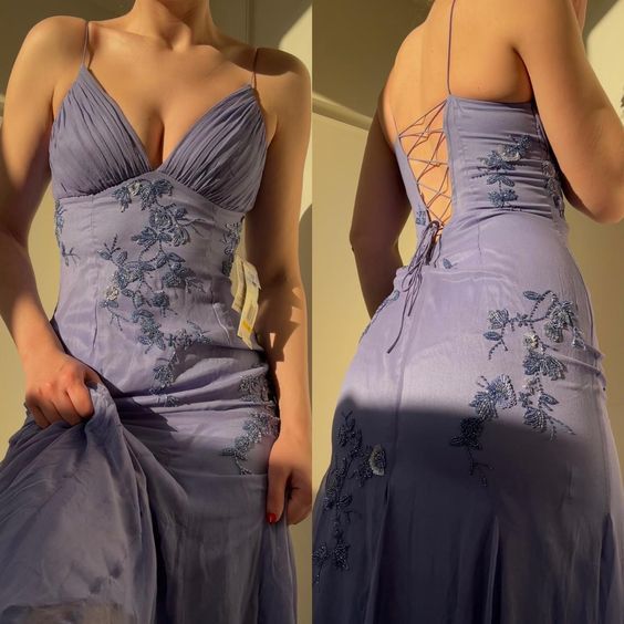 Beautiful Mermaid Spaghetti Straps Lavender Satin Applique Long Prom Dress,Evening Dress GG1375