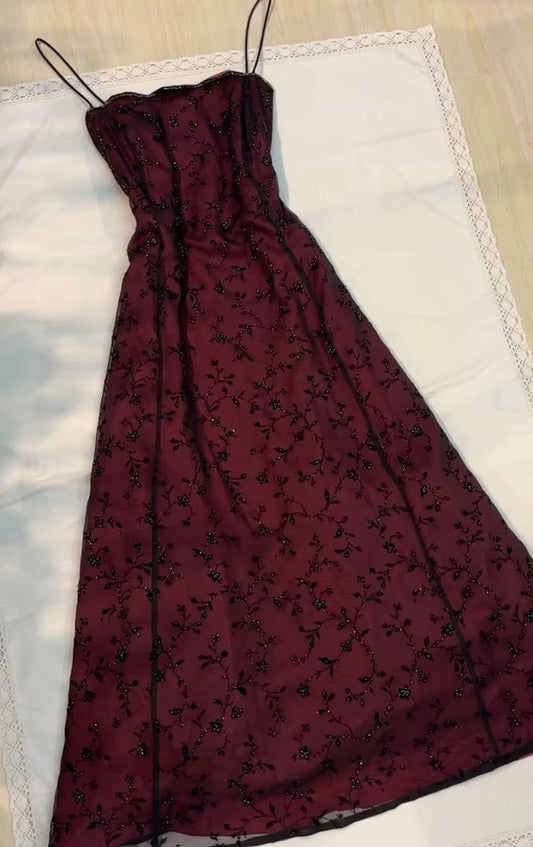 Shiny A Line Spaghetti Straps Burgundy Satin With Black Tulle Beaded Long Prom Dress,Evening Dress GG1380