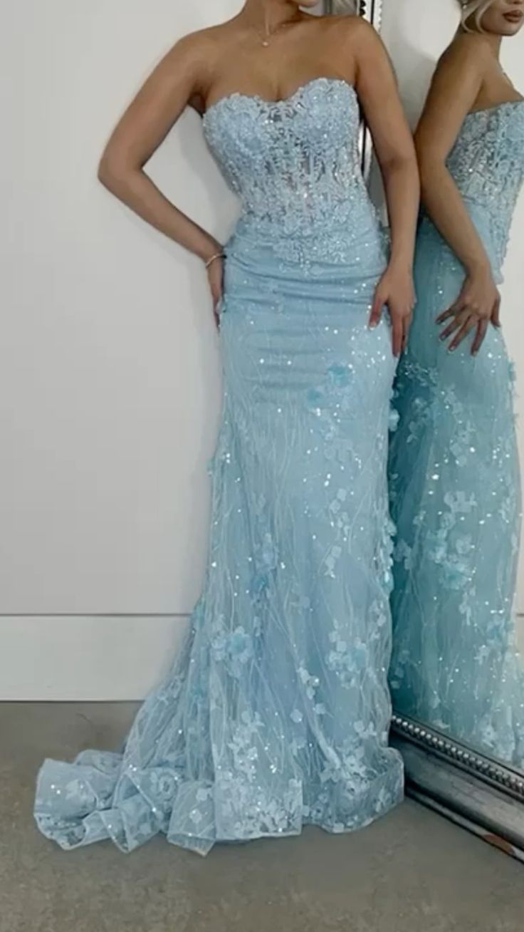 Starry Mermaid Strapless Pale Blue Tulle Sequin Applique Beaded Long Prom Dress,Evening Dress GG1384