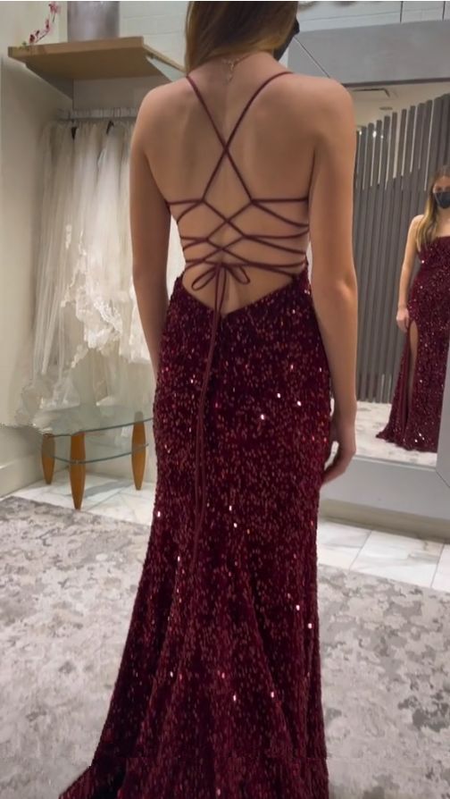 Sparkly Mermaid Spaghetti Straps Burgundy Satin Sequin Slit Long Prom Dress,Evening Dress GG1389