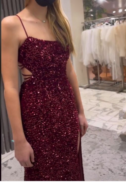 Sparkly Mermaid Spaghetti Straps Burgundy Satin Sequin Slit Long Prom Dress,Evening Dress GG1389