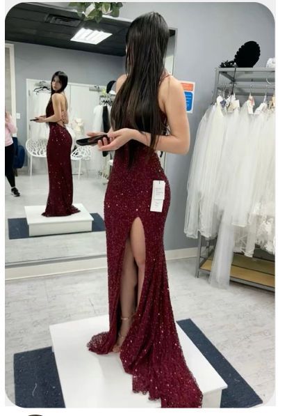 Sparkly Mermaid Spaghetti Straps Burgundy Satin Sequin Slit Long Prom Dress,Evening Dress GG1389