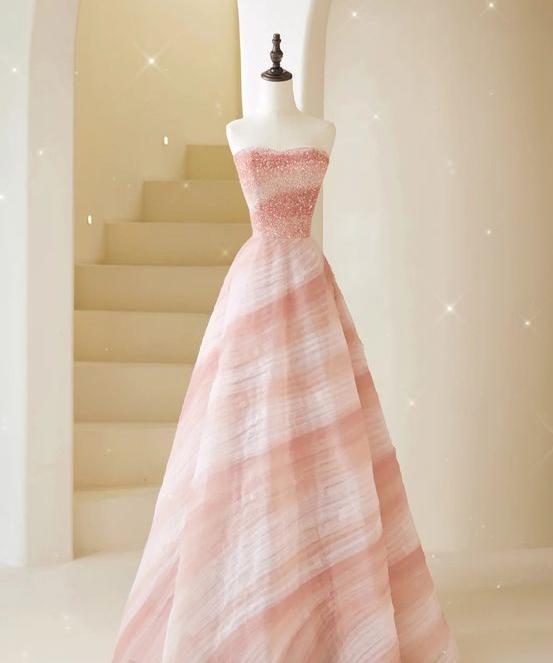 Chic A Line Strapless Beading Unique Color Of White And Pink Cross Tulle Long Prom Dresses ,Evening Dresses GG140