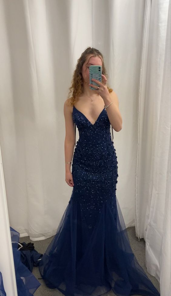 Starry Mermaid Spaghetti Straps Navy Blue Satin Beaded Applique Tulle Long Prom Dress,Evening Dress GG1402