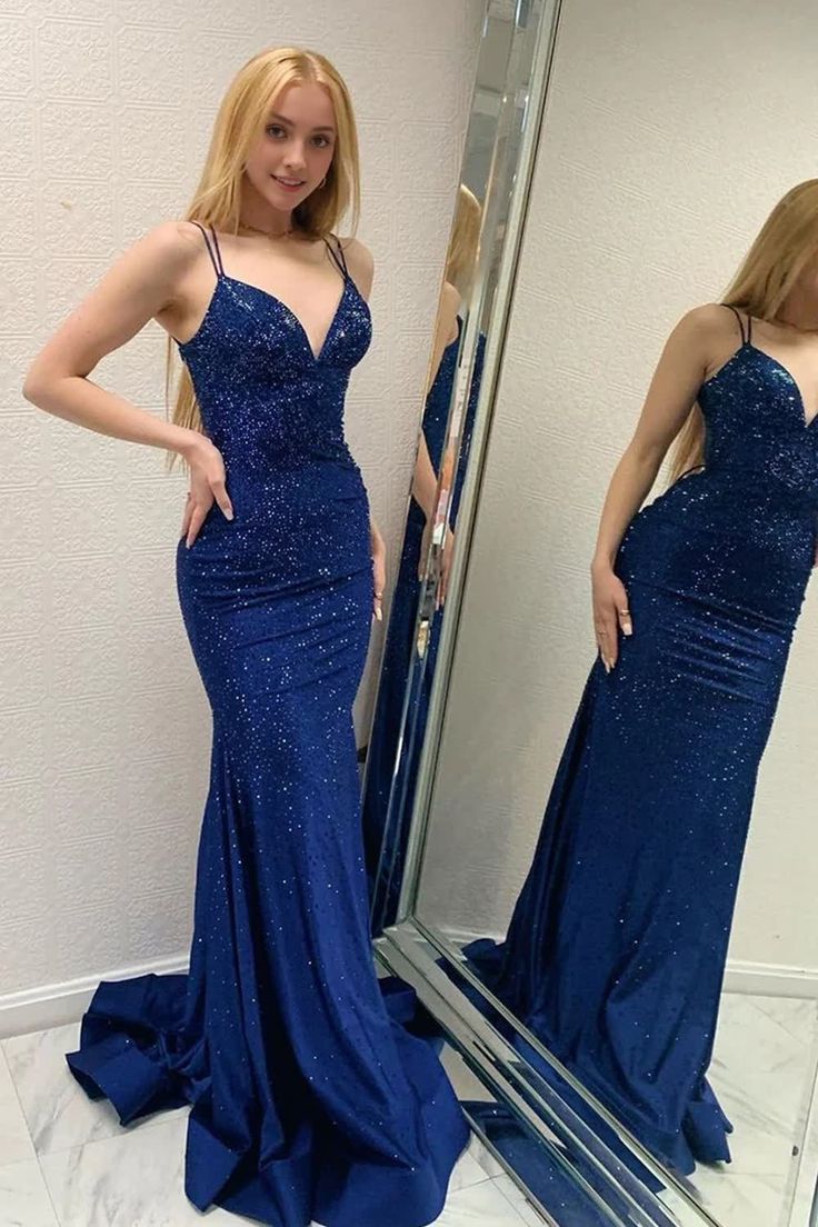 Sparkly Mermaid Spaghetti Straps Navy Blue Satin Beaded Long Prom Dress,Evening Dress GG1403