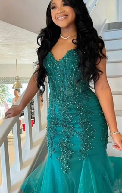 Sexy Mermaid Spaghetti Straps Jade Green Satin Beaded Applique Tulle Long Prom Dress,Evening Dress GG1410