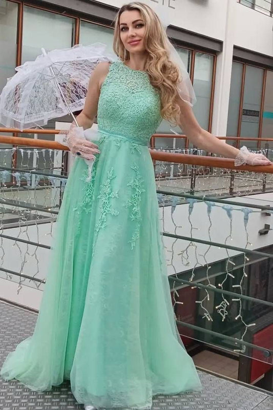 Chic A Line Mint Green Scoop Neck Lace Tulle Applique Long Prom Dress,Evening Dress GG1424