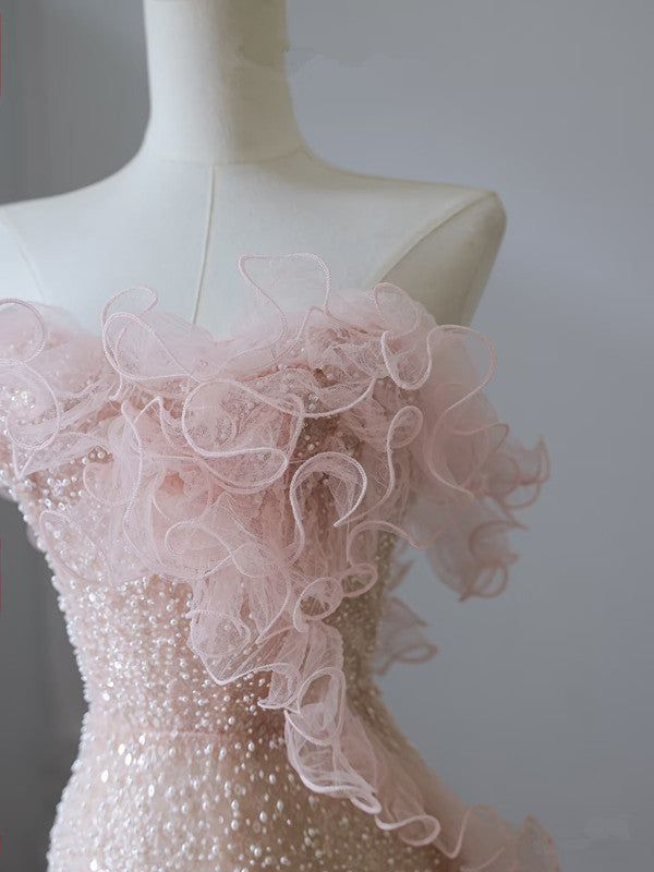 Elegant Mermaid Strapless Pink Tulle Beaded Flowers Long Prom Dress,Wedding Dress,Evening Dress GG1427