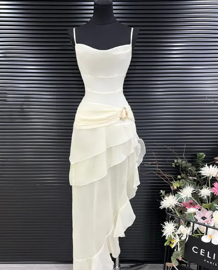 Sweet A Line Spaghetti Straps Ivory Chiffon Long Prom Dress,Evening Dress GG1433