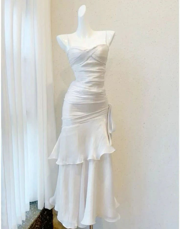 Charming Mermaid Spaghetti Straps White Chiffon Pleated Tea Length Prom Dress,Evening Dress GG1437