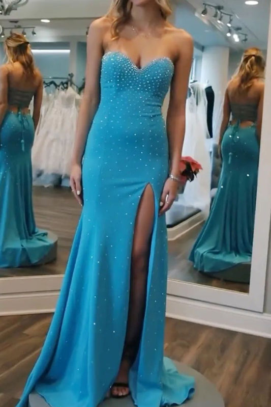 Charming Mermaid Strapless Sweetheart Blue Satin Beaded Slit Long Prom Dress,Evening Dress GG1473