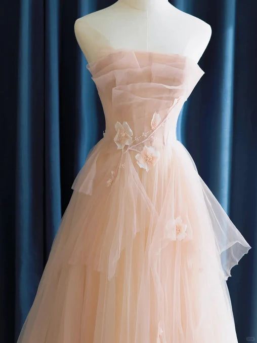 Elegant A Line Strapless Pink Tulle Long Formal Dress with Flowers Long Prom Dress,Evening Dresses GG148