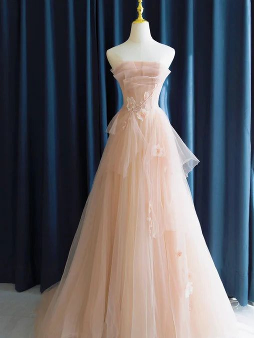 Elegant A Line Strapless Pink Tulle Long Formal Dress with Flowers Long Prom Dress,Evening Dresses GG148