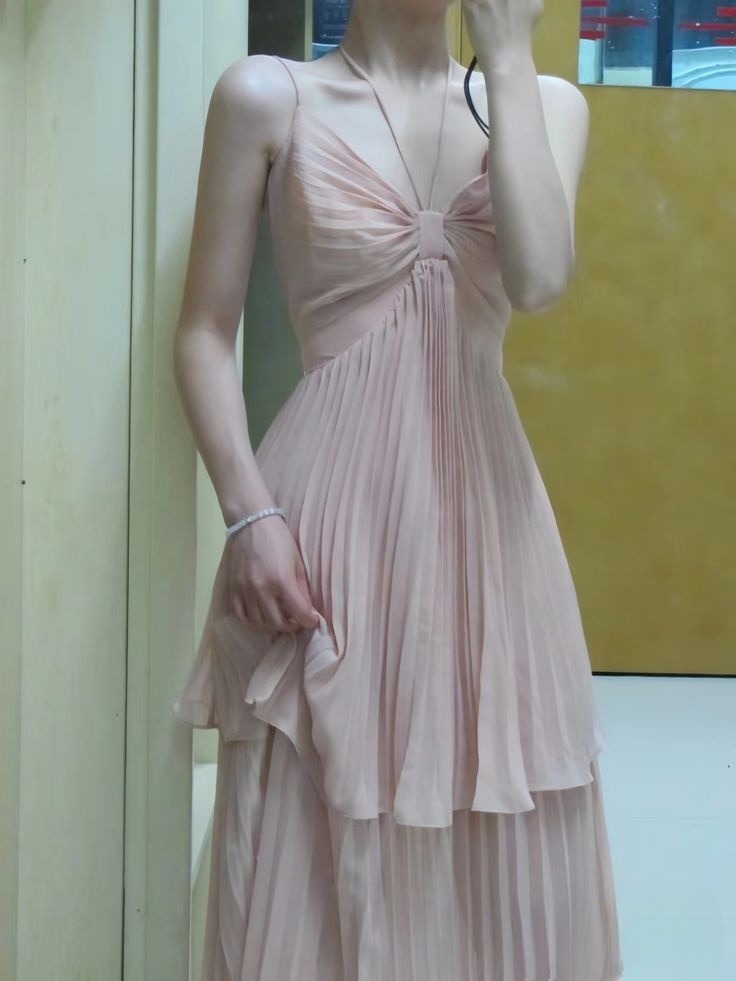 Fairy A Line Spaghetti Straps Soft Pink Chiffon Pleated Backless Long Prom Dress,Evening Dress GG1496